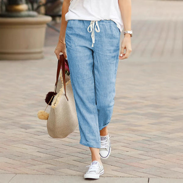 Women's lightweight linen blend pants with drawstring, loose culotte cut and ankle-length hem Mune Fashion