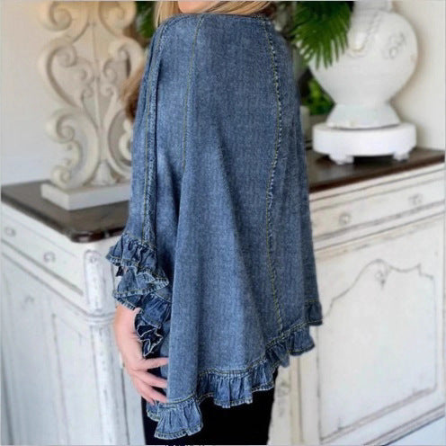 Women Oversized Jeans Kimono with Ruffle Edge and Open Fall Mune Fashion