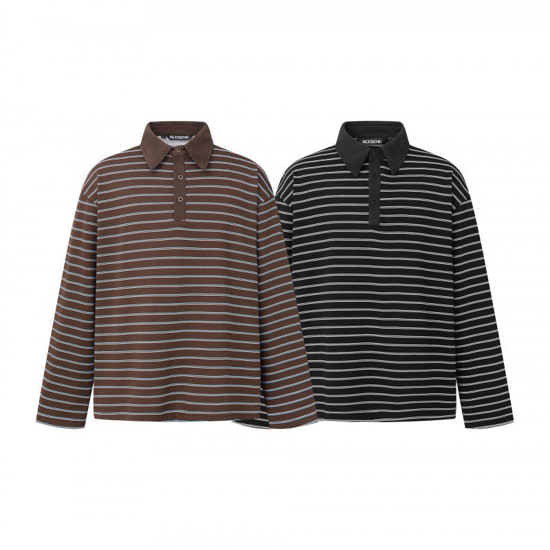 Unisex Long Sleeve Polo Shirt in Oversized Cut made from Cotton Jersey with Stripes and Henley Button Placket Mune Fashion