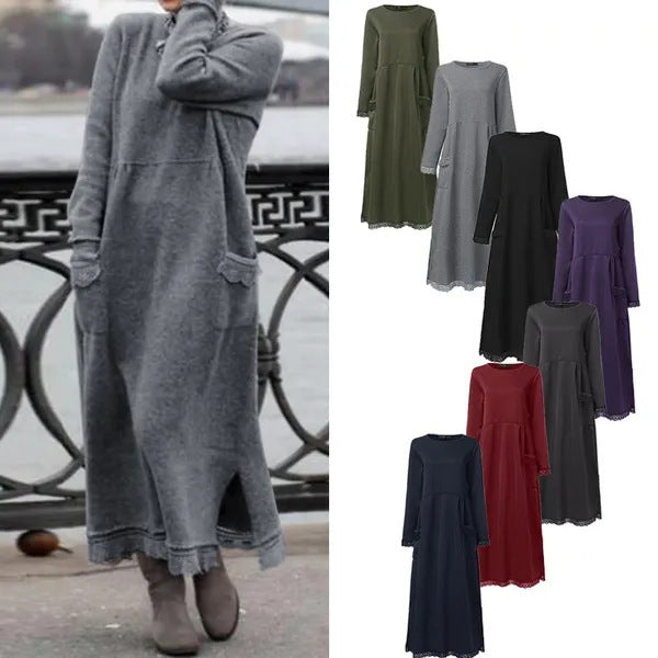 Women's long knit maxi dress with side slits and patch pockets Mune Fashion
