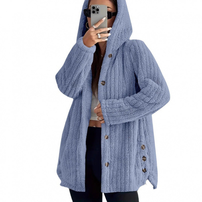 Women's Hooded Teddy Coat with Button Placket and Oversized Fit Mune Fashion
