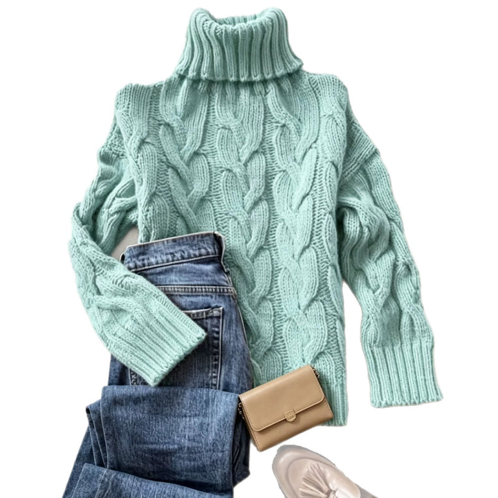 Women's chunky knit turtleneck sweater with distinctive cable patterns and ribbed cuffs Mune Fashion