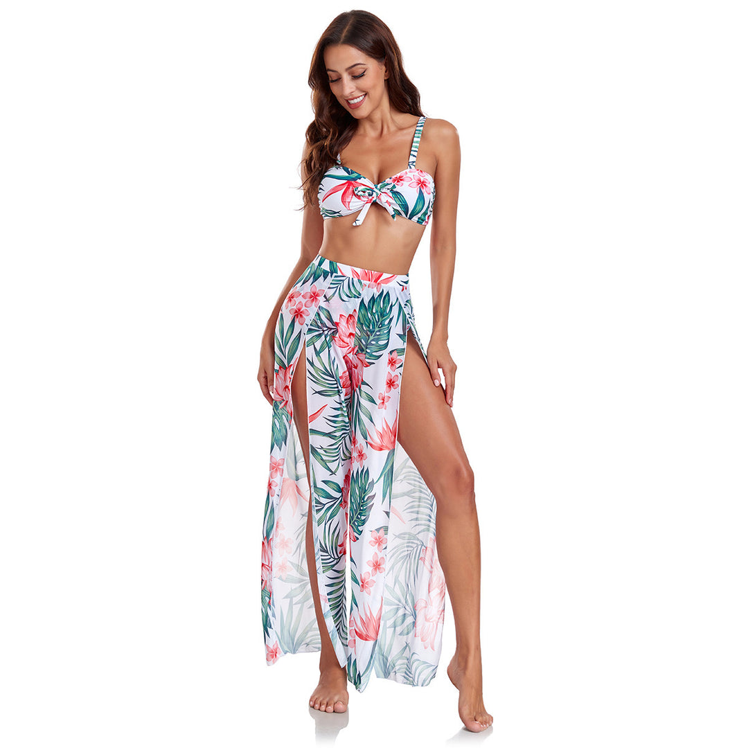 Women's bikini set with floral random pattern and matching wrap skirt Mune Fashion
