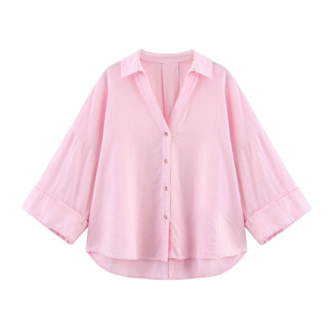 Women oversized striped shirt blouse with dropped shoulder, 3/4 sleeves and extended back hem Mune Fashion