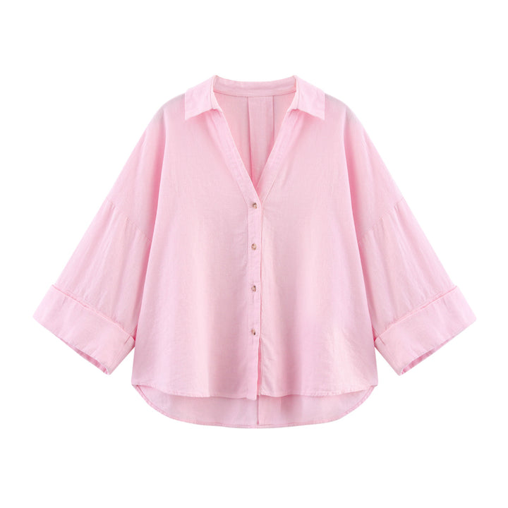 Women oversized striped shirt blouse with dropped shoulder, 3/4 sleeves and extended back hem Mune Fashion