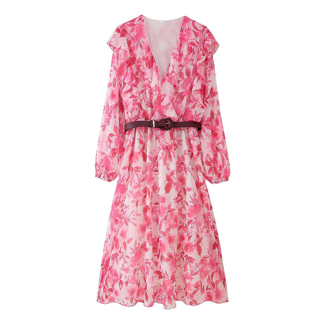 Women's flowing chiffon midi dress with deep V-neckline, ruffles, and fitted belt Mune Fashion