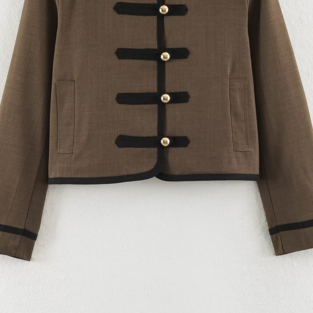 Women's short jacket in Mandarin style with decorative bow knots and contrast trim Mune Fashion