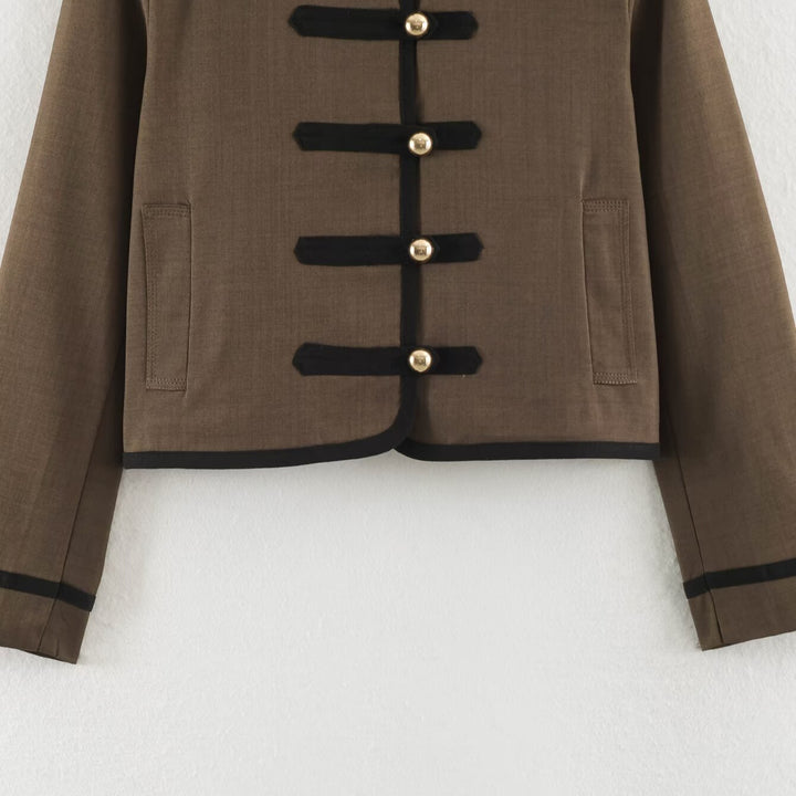 Women's short jacket in Mandarin style with decorative bow knots and contrast trim Mune Fashion