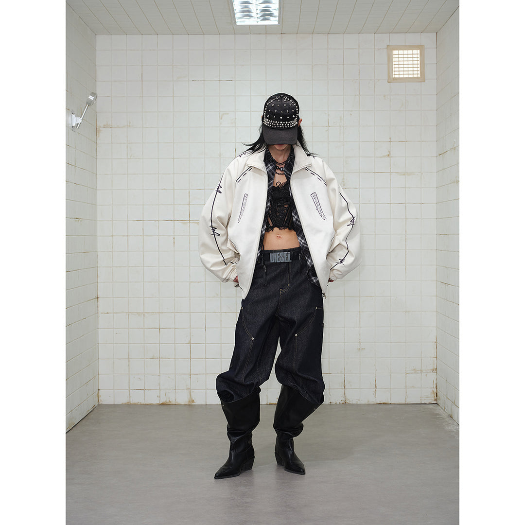 Unisex Oversize Fleece Jacket with Stand-Up Collar and Graphic Sketch Print Mune Fashion
