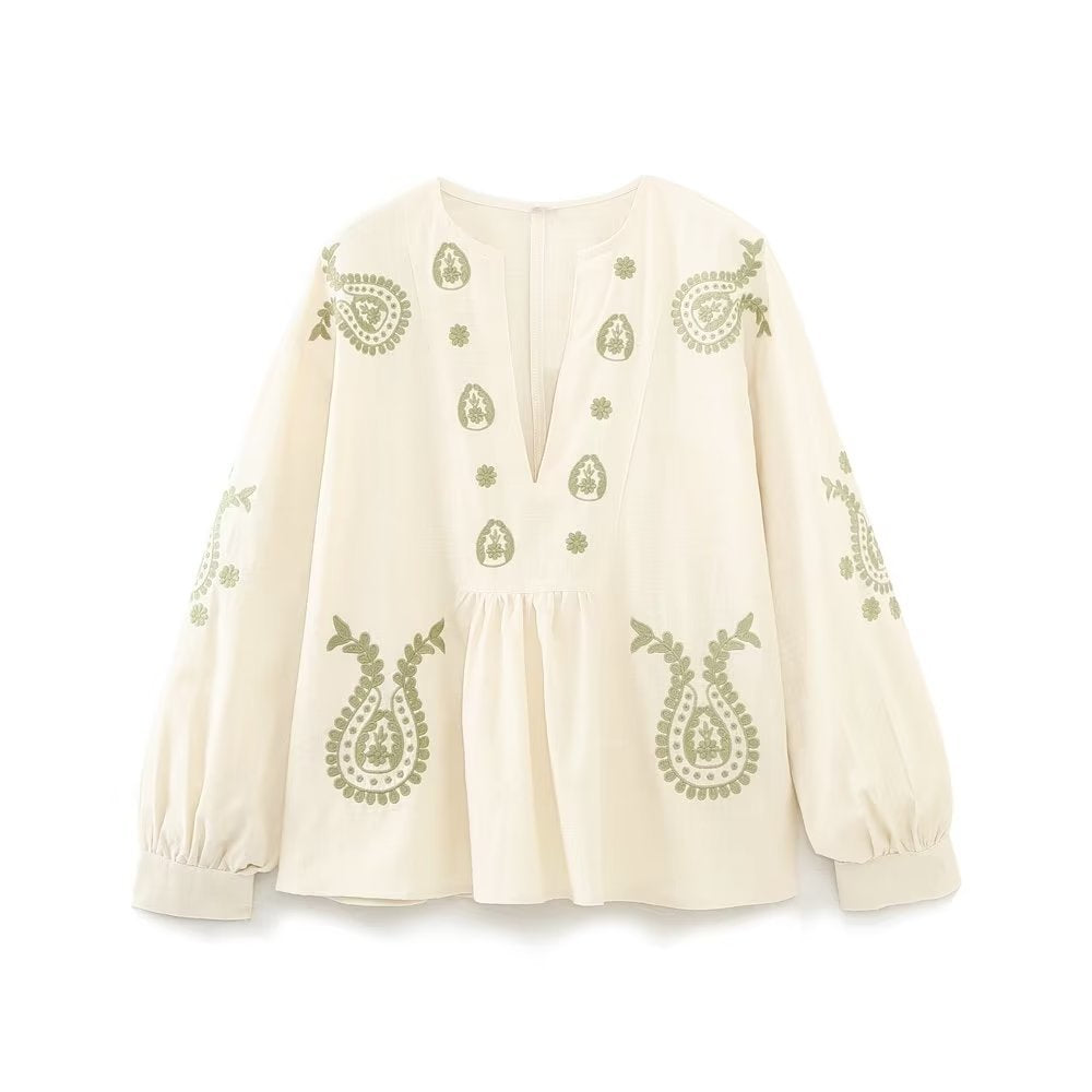 Women's embroidered tunic blouse with paisley embroidery, V-neck and voluminous balloon sleeves Mune Fashion