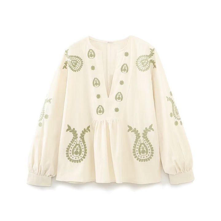 Women's embroidered tunic blouse with paisley embroidery, V-neck and voluminous balloon sleeves Mune Fashion