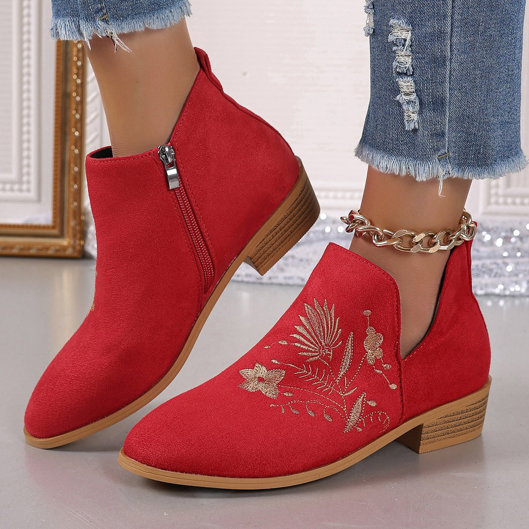Women Embroidered Ankle Boots with V-Cut and Side Zipper Mune Fashion