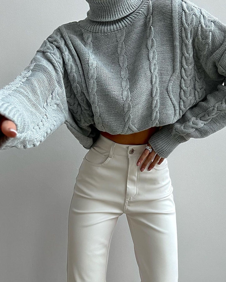 Womens chunky knit turtleneck sweater with cable knit details Mune Fashion