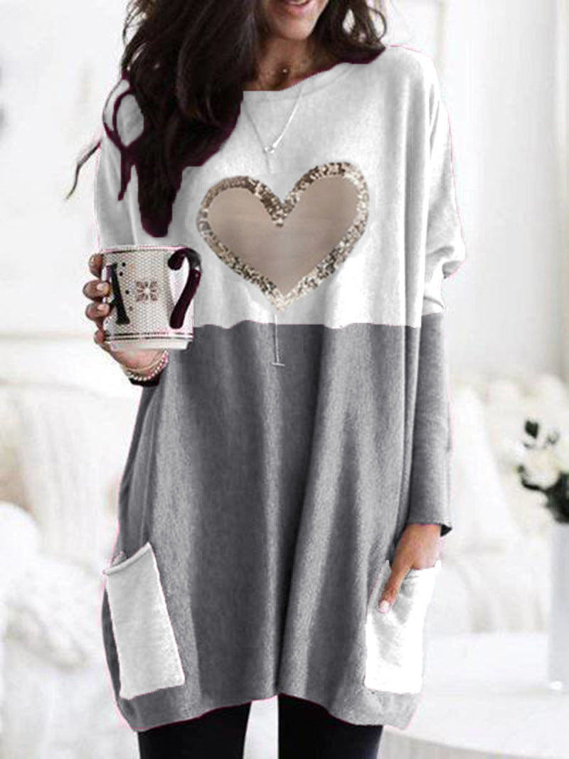 Women's Oversized Long Sweater Tunic with Sequin Heart and Patch Pockets Mune Fashion