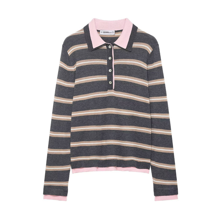 Women’s fine knit rugby sweater with contrasting collar and button placket Mune Fashion