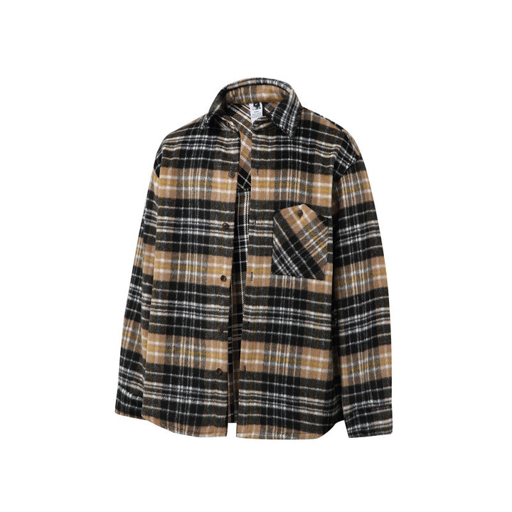 Unisex Boxy Overshirt Jacket made of soft wool blend with check pattern and patch chest pocket Mune Fashion
