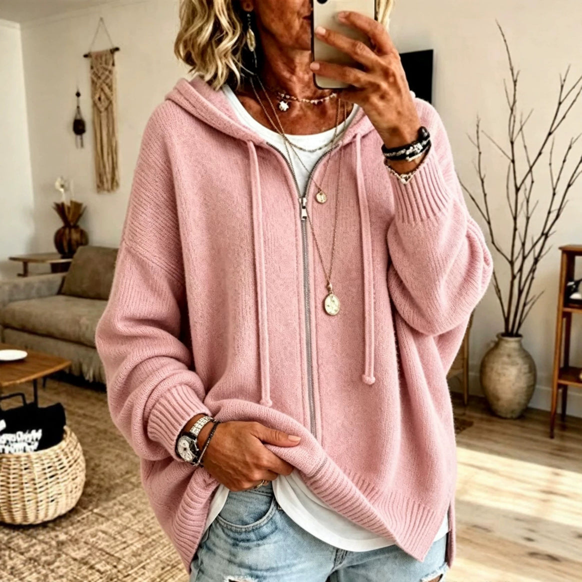 Women's Oversize Hooded Zip Cardigan made of soft fine knit Mune Fashion