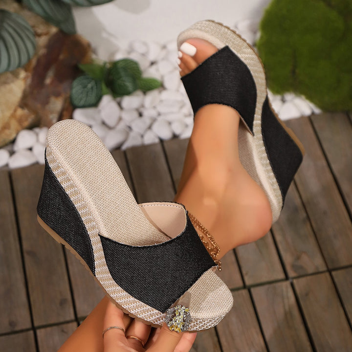 Women's nano monogrammed slip-on wedge sandal with woven raffia look platform and padded comfort insole Mune Fashion