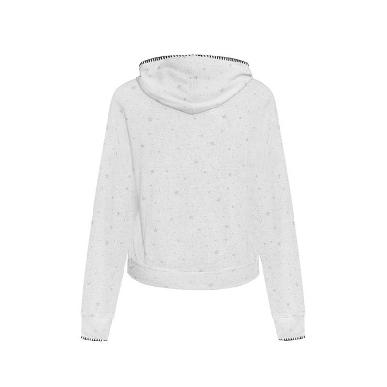 Women's Lightweight Hooded Zip Cardigan with Allover Stars and Decorative Stitching