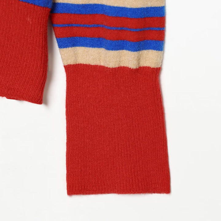 Women's Striped Fine Knit Sweater with Round Neckline and Extended Ribbed Cuffs Mune Fashion