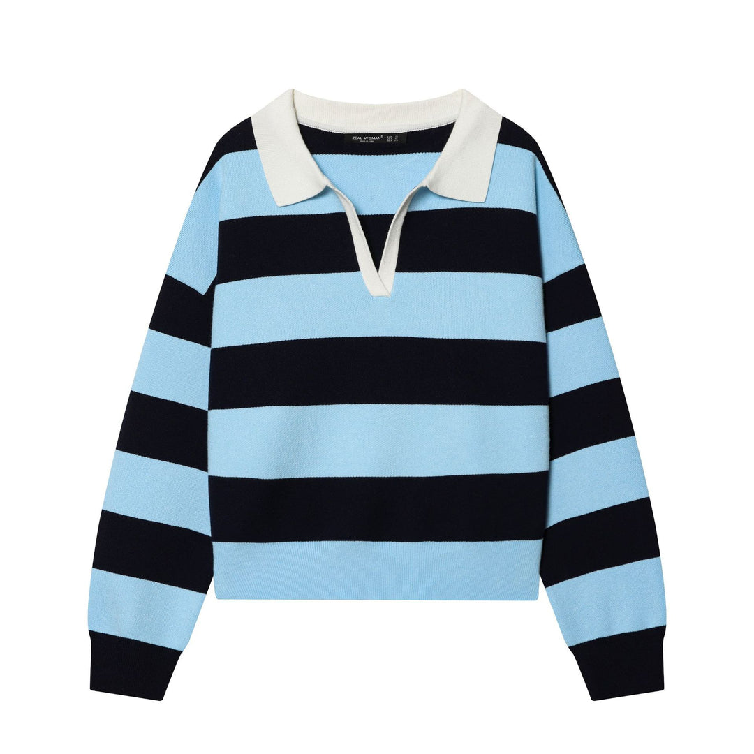 Women striped rugby pullover with polo collar, V-neck and boxy oversized silhouette Mune Fashion
