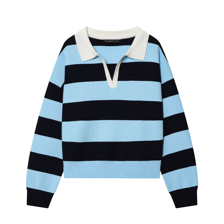 Women striped rugby pullover with polo collar, V-neck and boxy oversized silhouette Mune Fashion