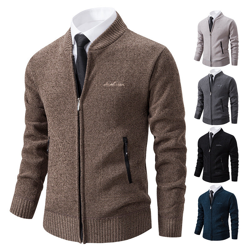 Men's lightweight business knit cardigan with concealed front zipper, zippered pockets, and ribbed hem Mune Fashion