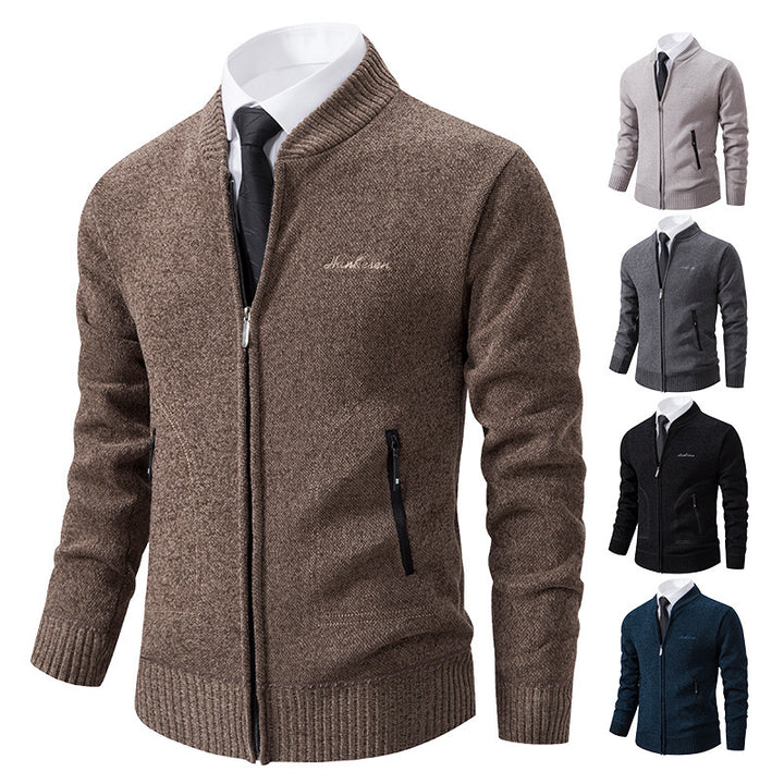 Men's lightweight business knit cardigan with concealed front zipper, zippered pockets, and ribbed hem Mune Fashion