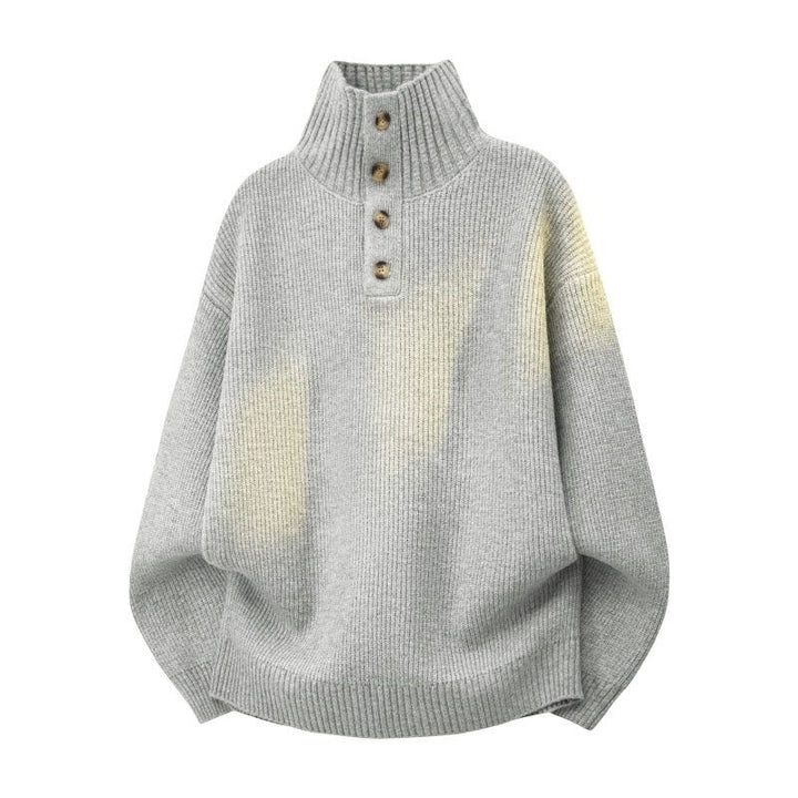 Women's Oversize Chunky Knit Sweater with Button Placket at the Stand-Up Collar and Raglan Sleeves Mune Fashion