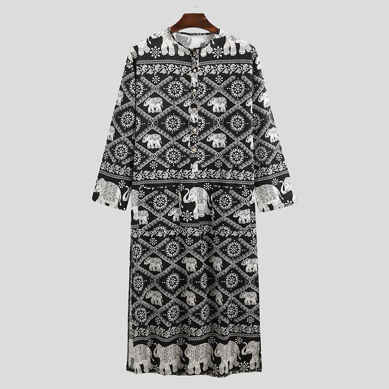 Ladies' Ethno-Maxi dress with stand-up collar, short button placket, dropped sleeves, and A-line cut Mune Fashion