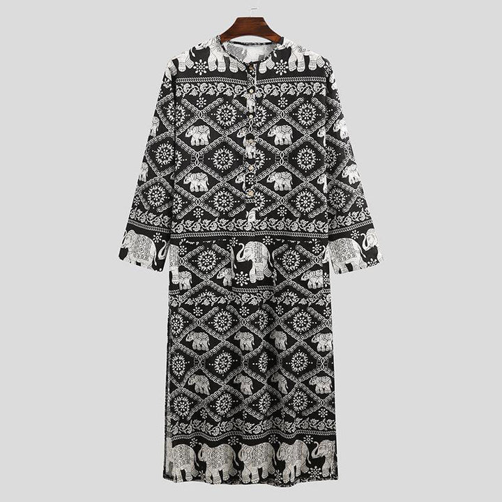 Ladies' Ethno-Maxi dress with stand-up collar, short button placket, dropped sleeves, and A-line cut Mune Fashion