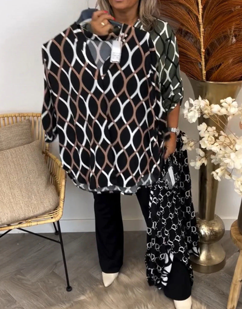 Ladies casual long tunic with V-neck three-quarter sleeves side pockets and geometric chain print Mune Fashion