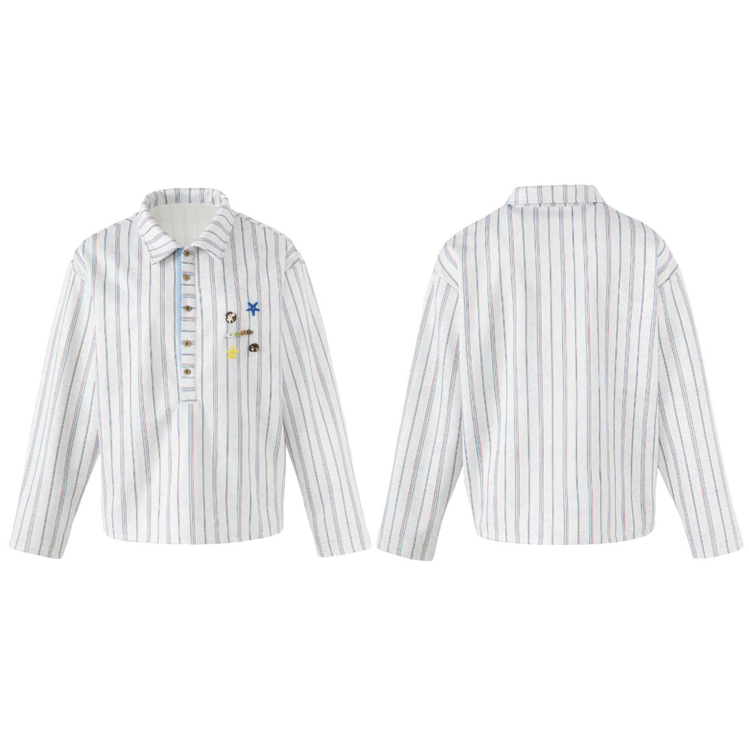 Women's Loose Long Sleeve Shirt with Half Button Placket, Striped Pattern and Decorative Buttons Mune Fashion