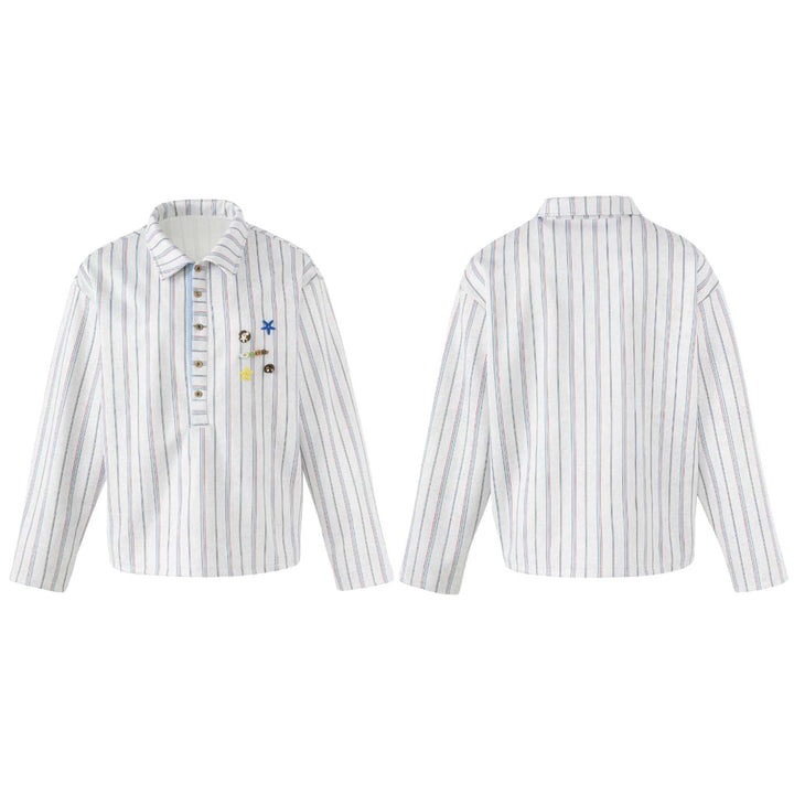 Women's Loose Long Sleeve Shirt with Half Button Placket, Striped Pattern and Decorative Buttons Mune Fashion