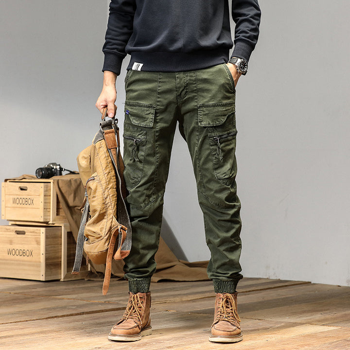 Men's Multifunctional Cargo Jogging Pants in Tactical Canvas Style with Knee Panels, Zipper and Flap Pockets Mune Fashion