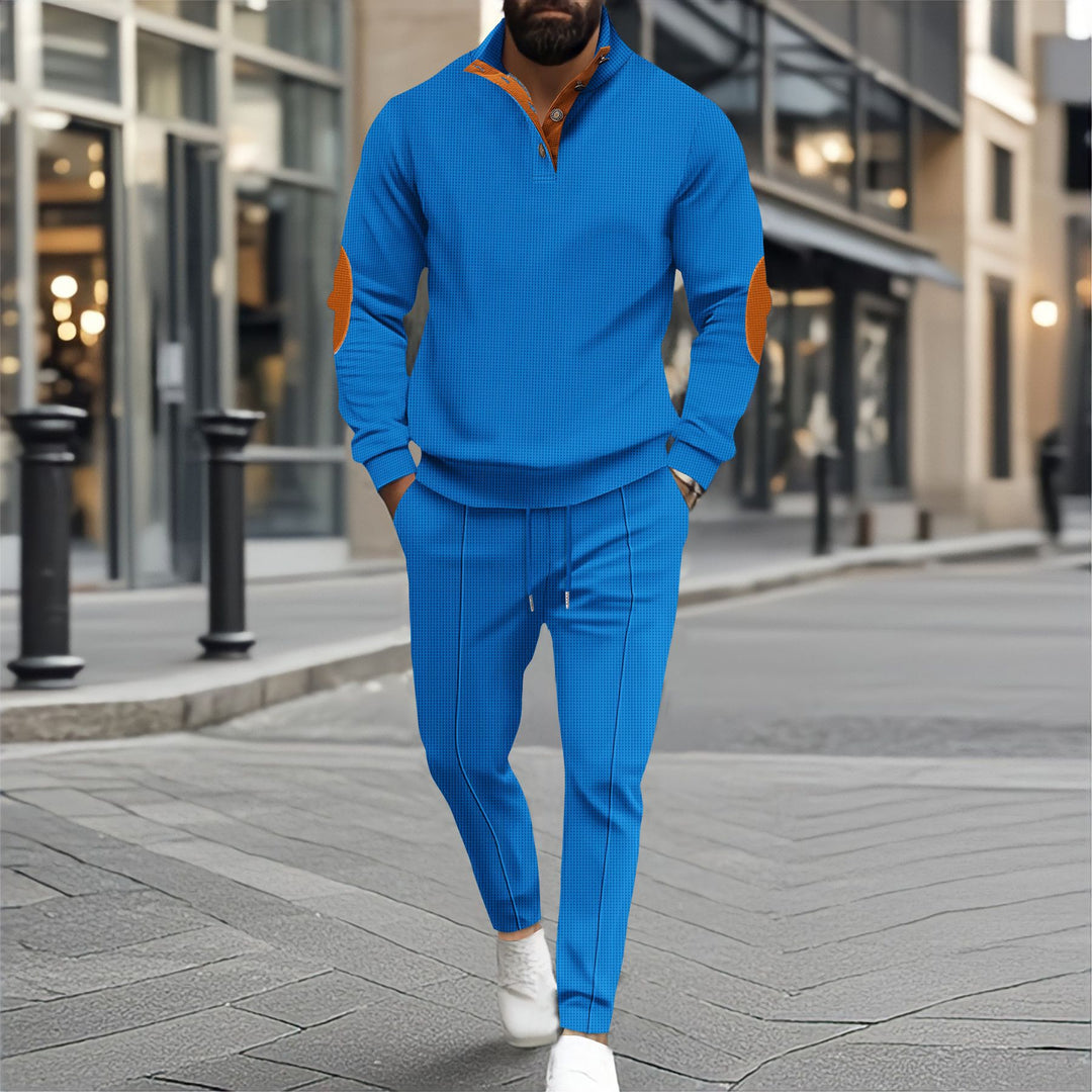 Men's fine-structured half-collar sweatshirt with button placket, decorative elbow patches, and casual hem finish Mune Fashion