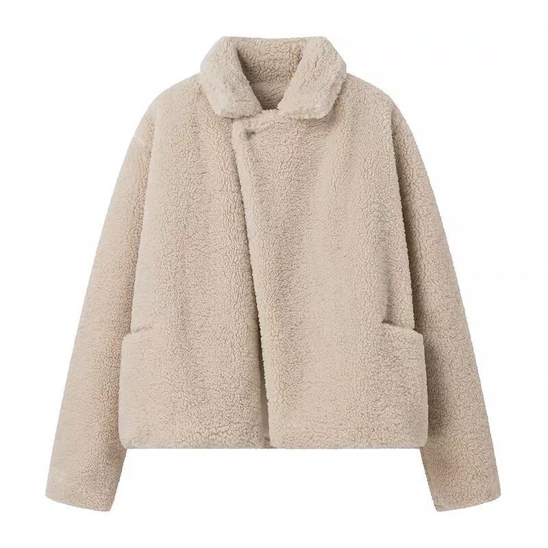 Women's Short Cropped Teddy Boxy Jacket with Shawl Collar and Practical Insert Pockets Mune Fashion