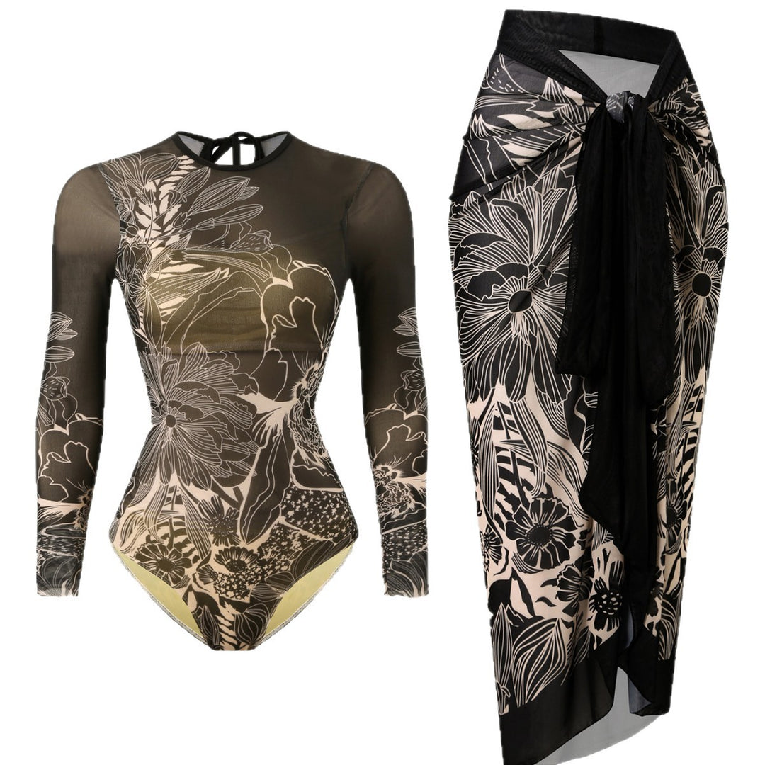Women's swim set with floral long sleeve top and stylish wrap skirt Mune Fashion