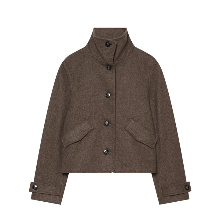 Women Cropped Boxy Jacket with High Stand-Up Collar, Button Placket and Flap Pockets