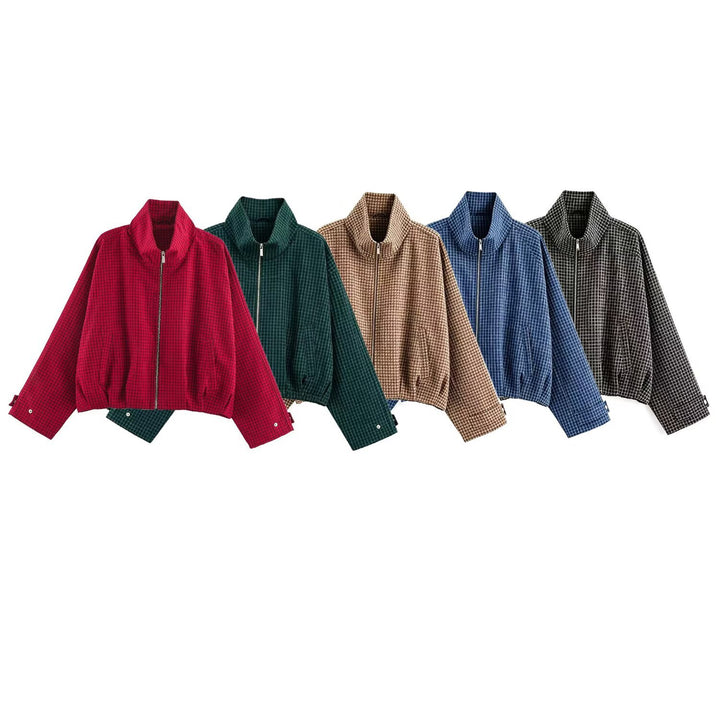 Women's Cropped Transition Jacket with High Funnel Collar, Check Pattern and Elastic Hem Mune Fashion