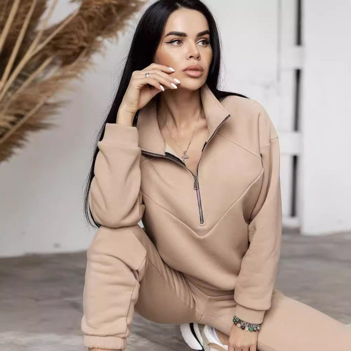 Women's Two-Piece Sweat Loungewear Set with Troyer Zipper and Elastic Jogging Pants Mune Fashion