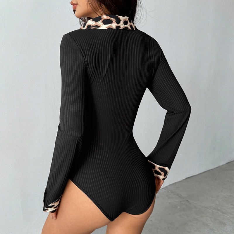 Women Elegant Long Sleeve Bodys with Leopard Collar Mune Fashion