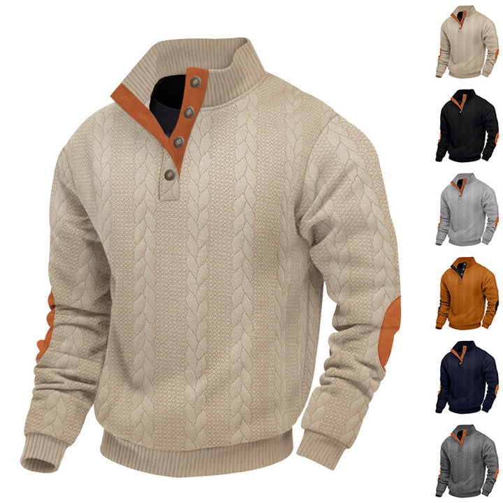 Men's structured cable knit Henley sweater with stand-up collar and elbow patches Mune Fashion