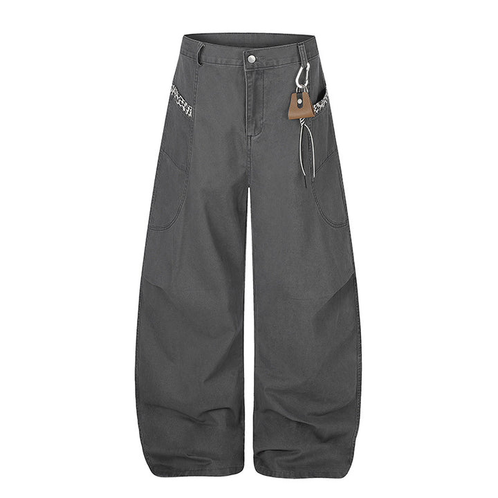 Women Extra Wide Palazzo Trousers with High Waist, Cargo Pockets and Decorative Keychain Mune Fashion