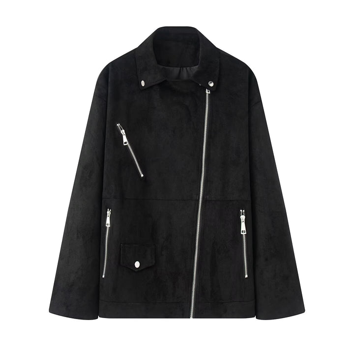 Women Asymmetrical Suede Leather Look Biker Jacket with Stand-Up Collar and Zippers Mune Fashion
