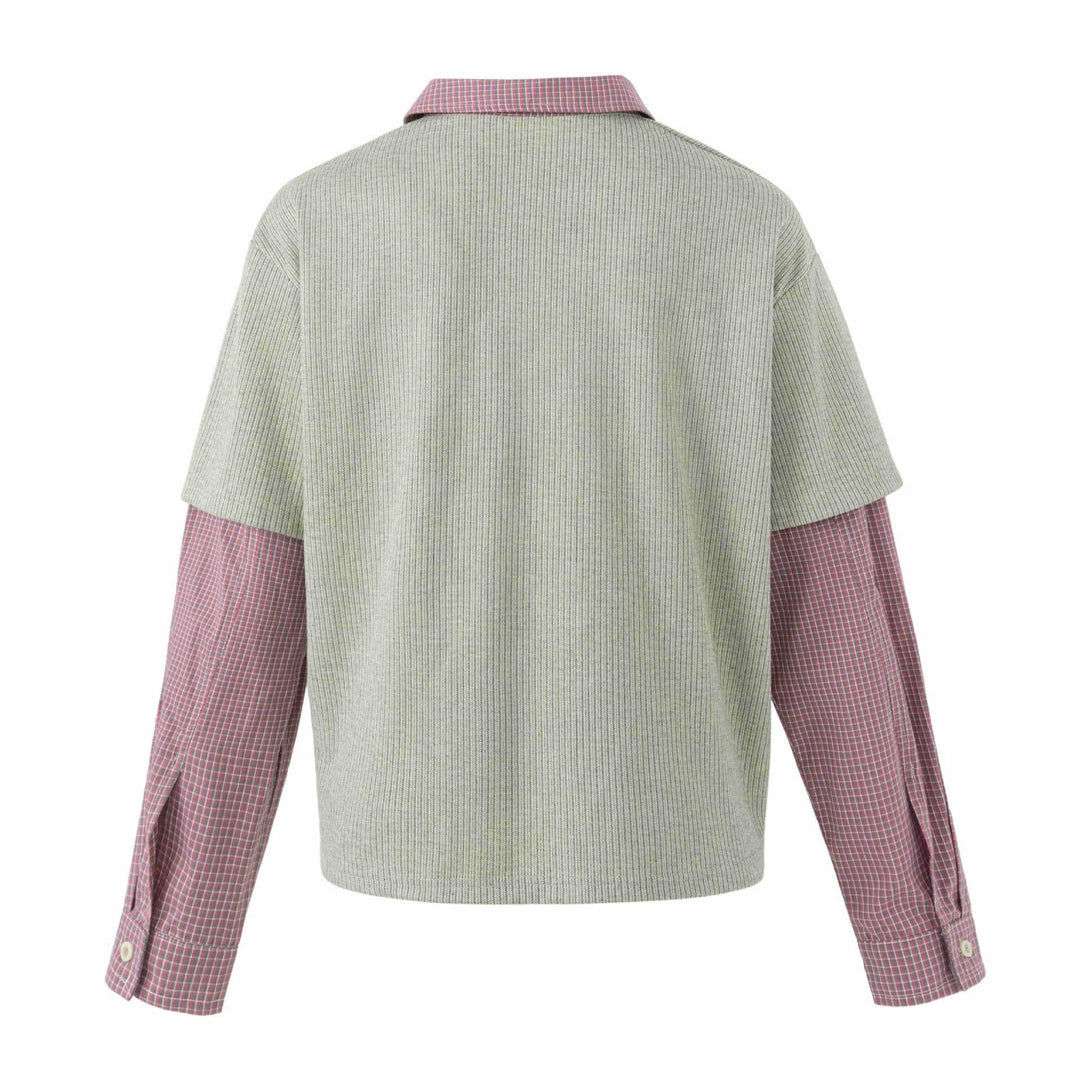 Unisex Layered Look Knit Polo Shirt with Checkered Insert Sleeves and Statement Print Mune Fashion