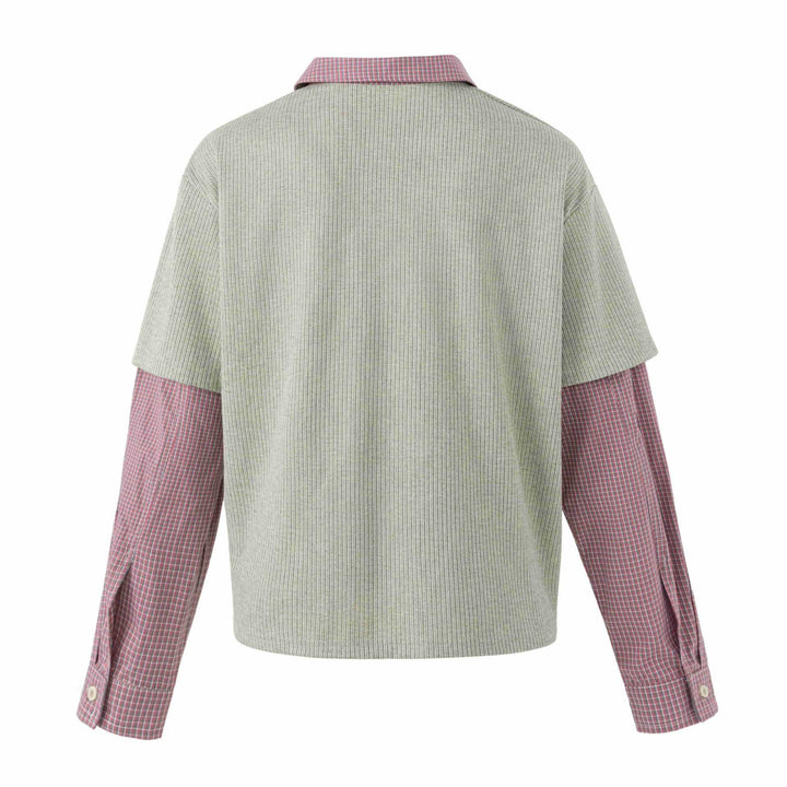 Unisex Layered Look Knit Polo Shirt with Checkered Insert Sleeves and Statement Print Mune Fashion