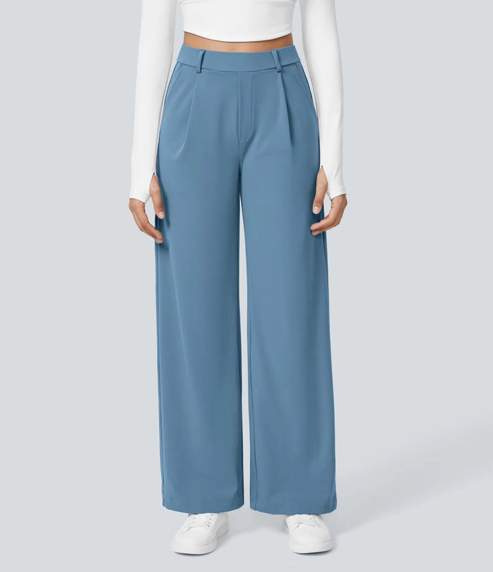 Ladies high-waisted pleated trousers with wide leg, belt loops and side pockets Mune Fashion