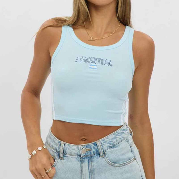 Women's sporty short-cut crop top with round neckline and side contrast stripes Mune Fashion