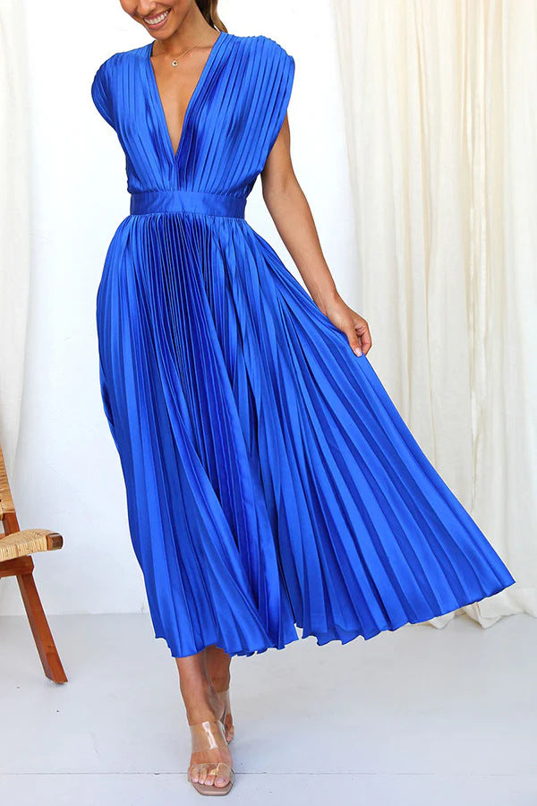 Women's Pleated Midi Dress with Deep V-Neck and Waist Belt Drune